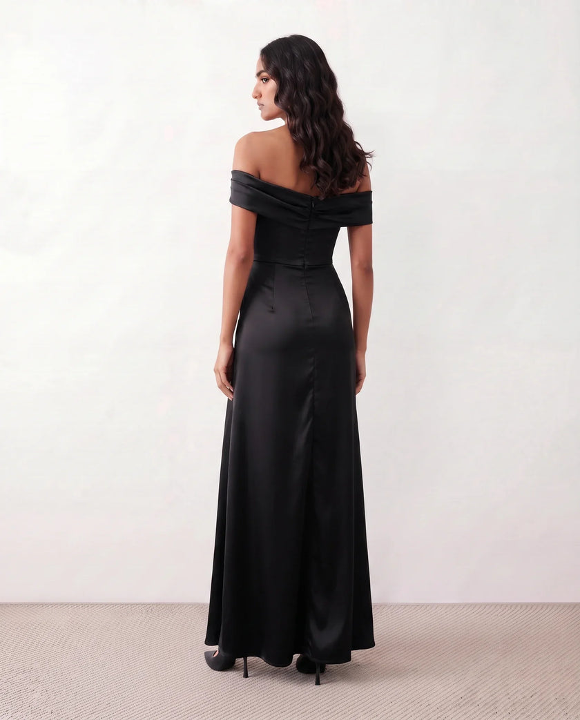 Glossy Maxi Dress Women Formal Off-Shoulder Ruched Side Slit