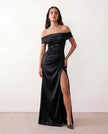 Glossy Maxi Dress Women Formal Off-Shoulder Ruched Side Slit