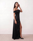 Glossy Maxi Dress Women Formal Off-Shoulder Ruched Side Slit