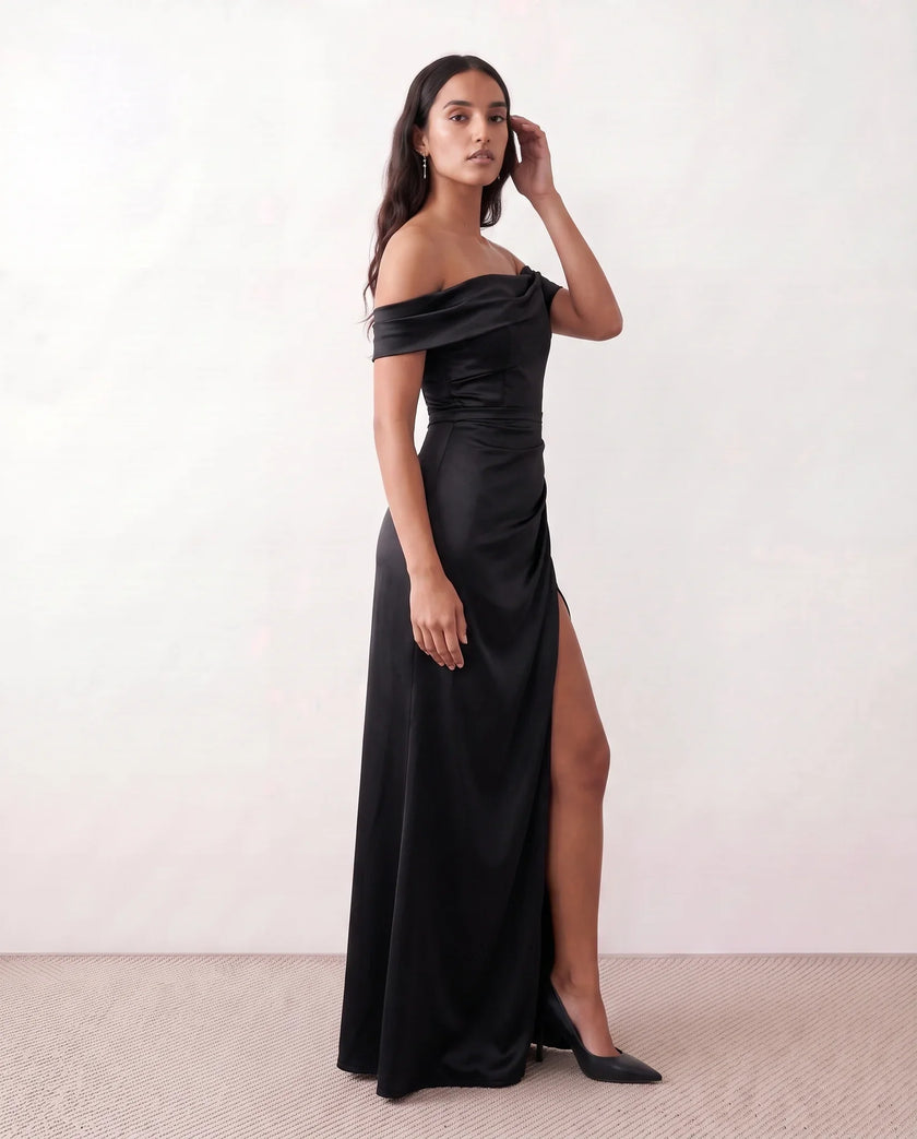 Glossy Maxi Dress Women Formal Off-Shoulder Ruched Side Slit