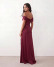 Glossy Maxi Dress Women Formal Off-Shoulder Ruched Side Slit