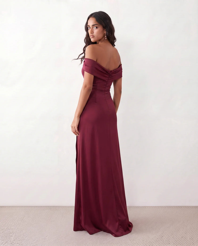 Glossy Maxi Dress Women Formal Off-Shoulder Ruched Side Slit