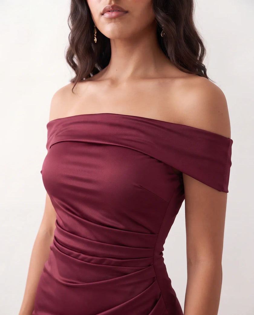 Glossy Maxi Dress Women Formal Off-Shoulder Ruched Side Slit