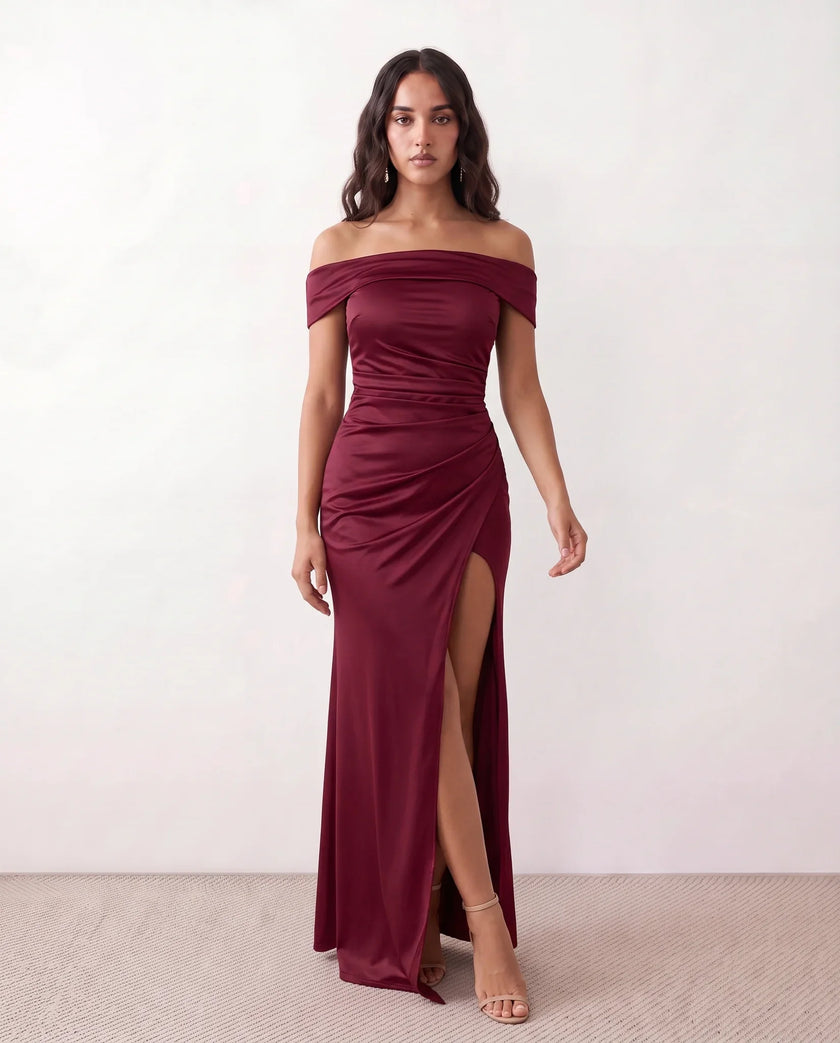 Glossy Maxi Dress Women Formal Off-Shoulder Ruched Side Slit