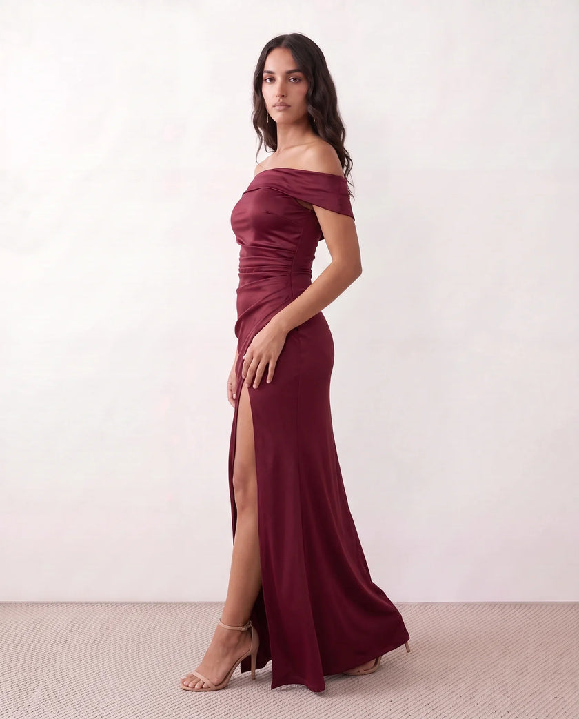 Glossy Maxi Dress Women Formal Off-Shoulder Ruched Side Slit