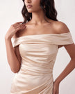 Glossy Maxi Dress Women Formal Off-Shoulder Ruched Side Slit