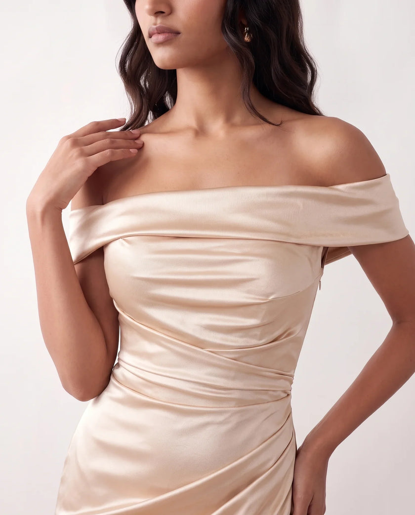 Glossy Maxi Dress Women Formal Off-Shoulder Ruched Side Slit