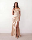 Glossy Maxi Dress Women Formal Off-Shoulder Ruched Side Slit
