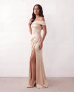 Glossy Maxi Dress Women Formal Off-Shoulder Ruched Side Slit