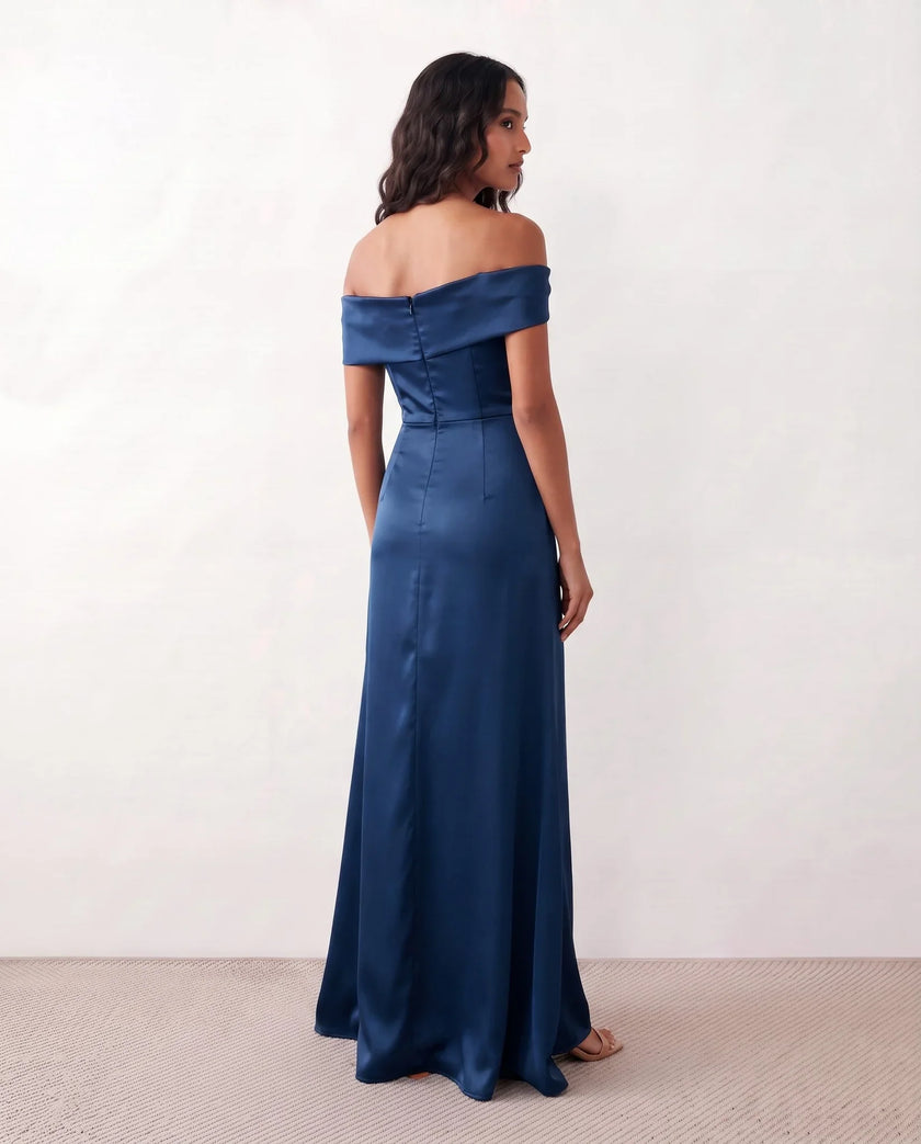 Glossy Maxi Dress Women Formal Off-Shoulder Ruched Side Slit