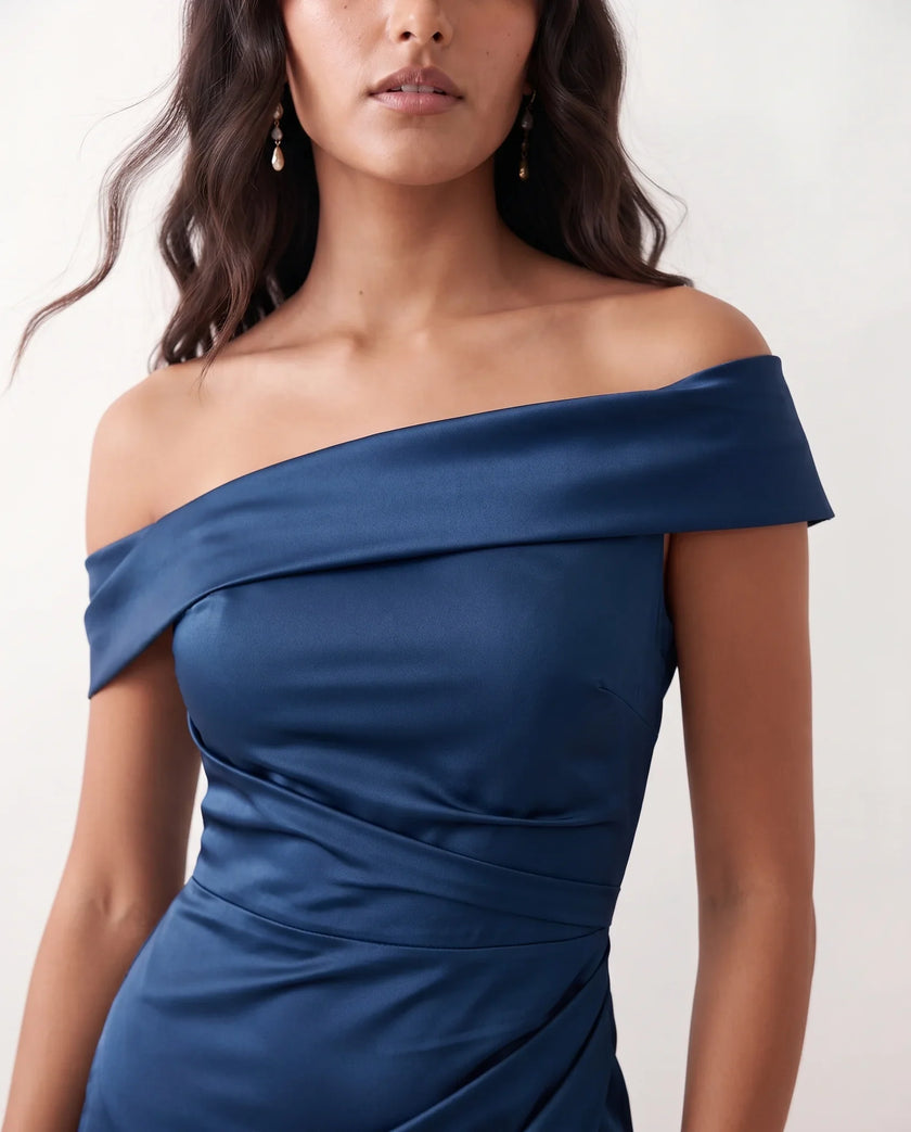 Glossy Maxi Dress Women Formal Off-Shoulder Ruched Side Slit