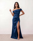 Glossy Maxi Dress Women Formal Off-Shoulder Ruched Side Slit