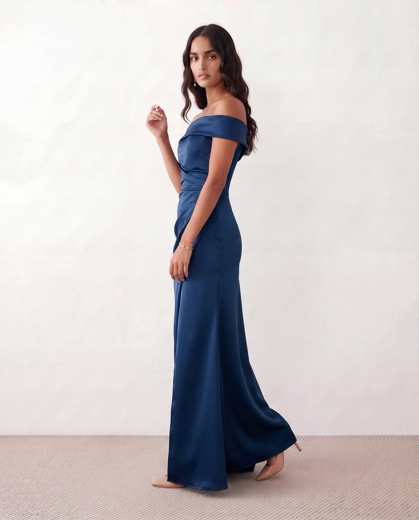Glossy Maxi Dress Women Formal Off-Shoulder Ruched Side Slit