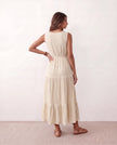 Tiered A-Line Midi Dress Women V-Neck Button-Front Drawstring