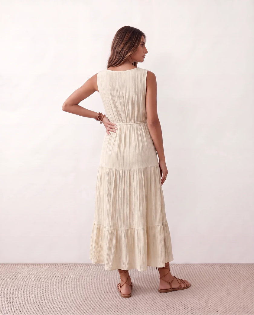 Tiered A-Line Midi Dress Women V-Neck Button-Front Drawstring