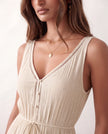 Tiered A-Line Midi Dress Women V-Neck Button-Front Drawstring