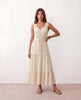 Tiered A-Line Midi Dress Women V-Neck Button-Front Drawstring