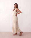 Tiered A-Line Midi Dress Women V-Neck Button-Front Drawstring