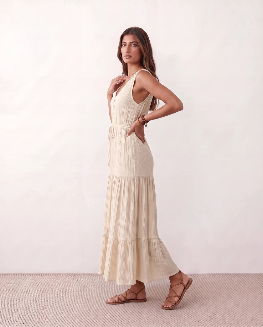 Tiered A-Line Midi Dress Women V-Neck Button-Front Drawstring
