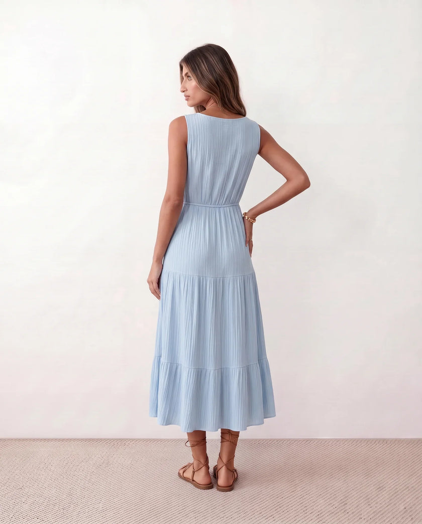 Tiered A-Line Midi Dress Women V-Neck Button-Front Drawstring