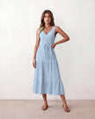 Tiered A-Line Midi Dress Women V-Neck Button-Front Drawstring