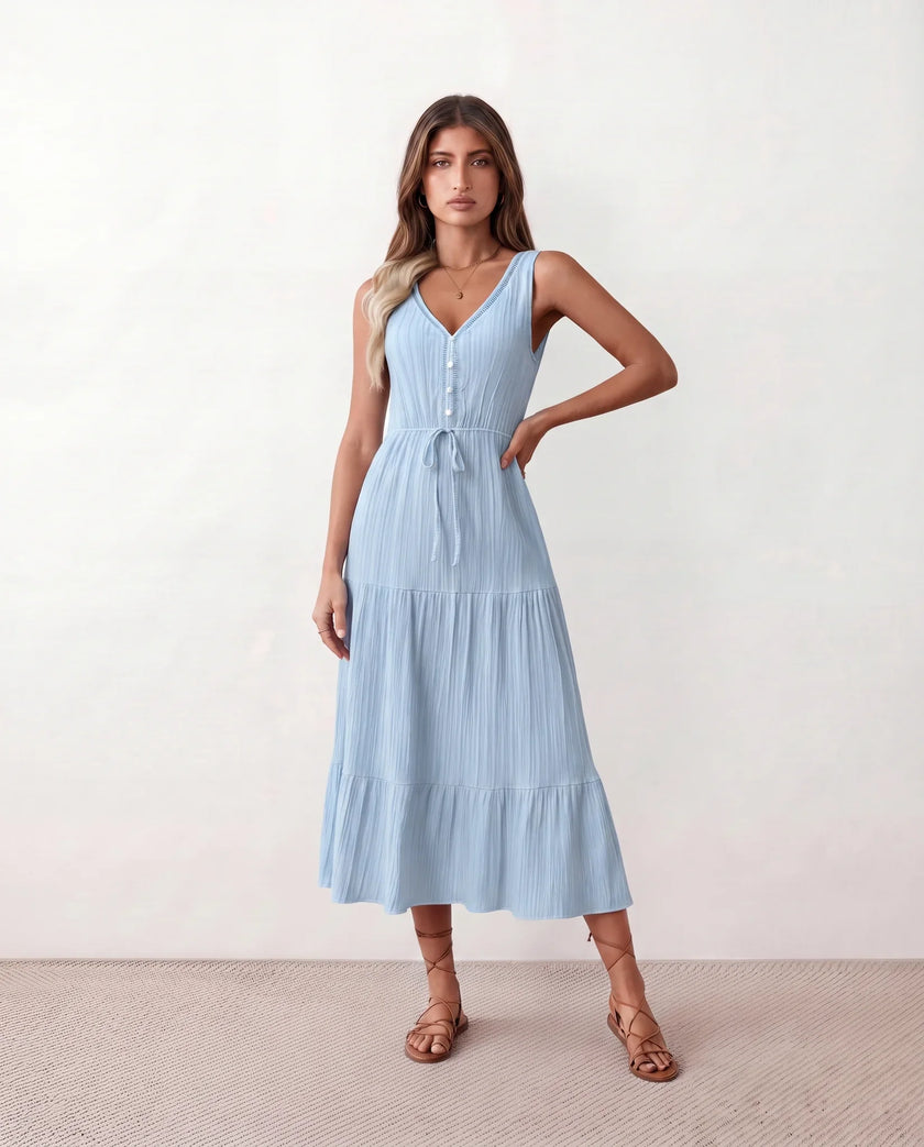 Tiered A-Line Midi Dress Women V-Neck Button-Front Drawstring
