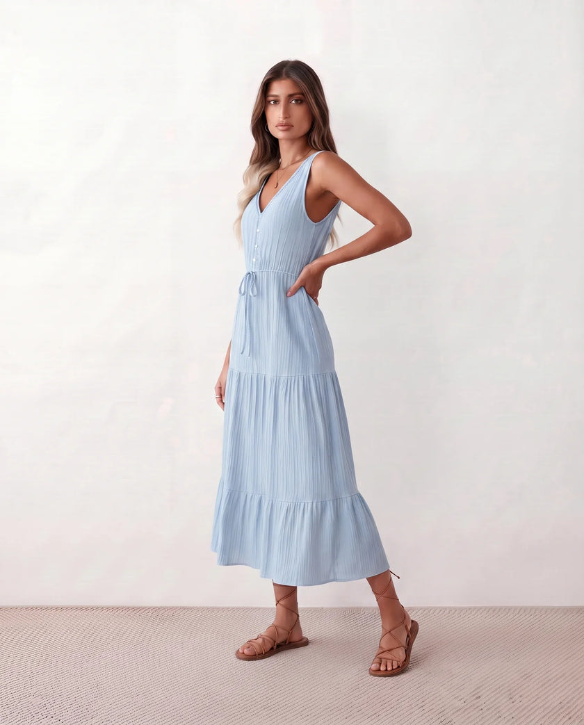 Tiered A-Line Midi Dress Women V-Neck Button-Front Drawstring