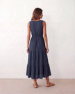 Tiered A-Line Midi Dress Women V-Neck Button-Front Drawstring