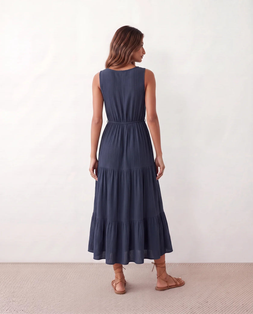 Tiered A-Line Midi Dress Women V-Neck Button-Front Drawstring