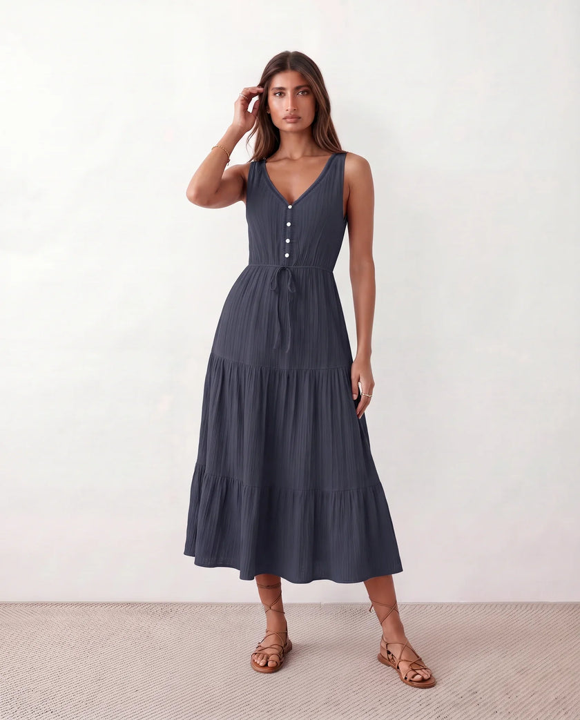 Tiered A-Line Midi Dress Women V-Neck Button-Front Drawstring