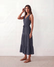 Tiered A-Line Midi Dress Women V-Neck Button-Front Drawstring