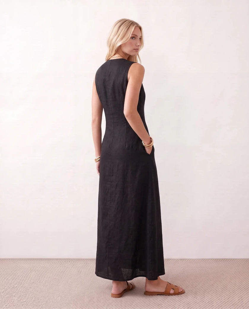 Button Front Maxi Dress Women Summer Sleeveless V-Neck