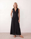 Button Front Maxi Dress Women Summer Sleeveless V-Neck
