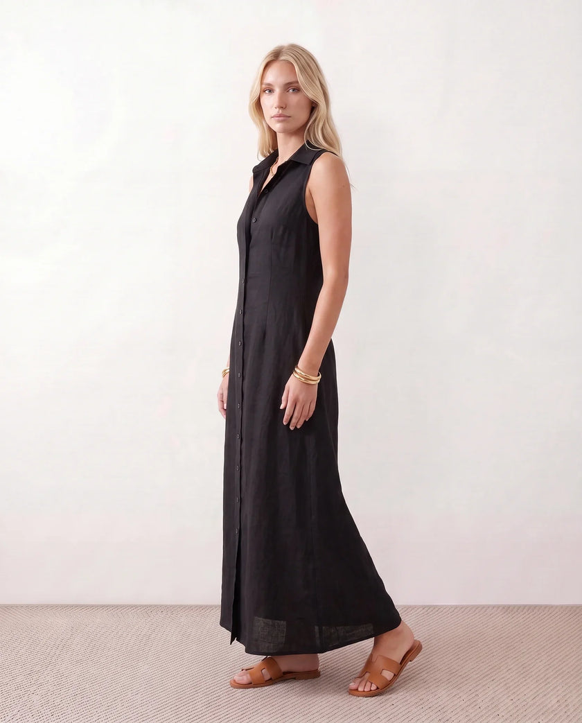 Button Front Maxi Dress Women Summer Sleeveless V-Neck