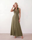 Button Front Maxi Dress Women Summer Sleeveless V-Neck
