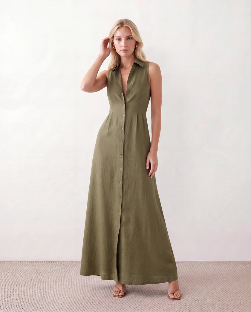 Button Front Maxi Dress Women Summer Sleeveless V-Neck