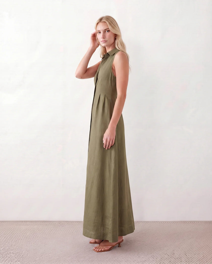 Button Front Maxi Dress Women Summer Sleeveless V-Neck