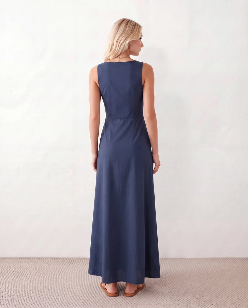 Button Front Maxi Dress Women Summer Sleeveless V-Neck