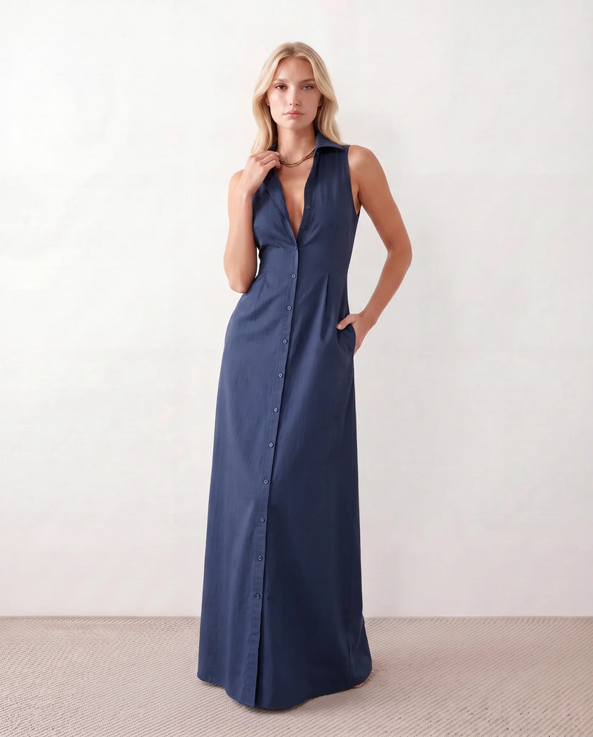 Button Front Maxi Dress Women Summer Sleeveless V-Neck