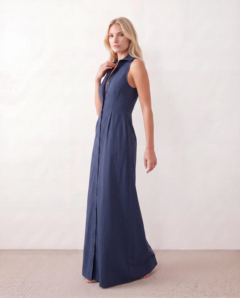 Button Front Maxi Dress Women Summer Sleeveless V-Neck