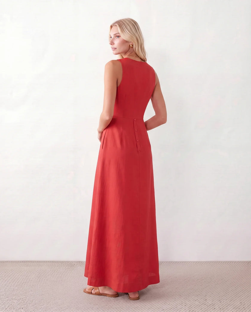 Button Front Maxi Dress Women Summer Sleeveless V-Neck