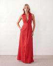 Button Front Maxi Dress Women Summer Sleeveless V-Neck