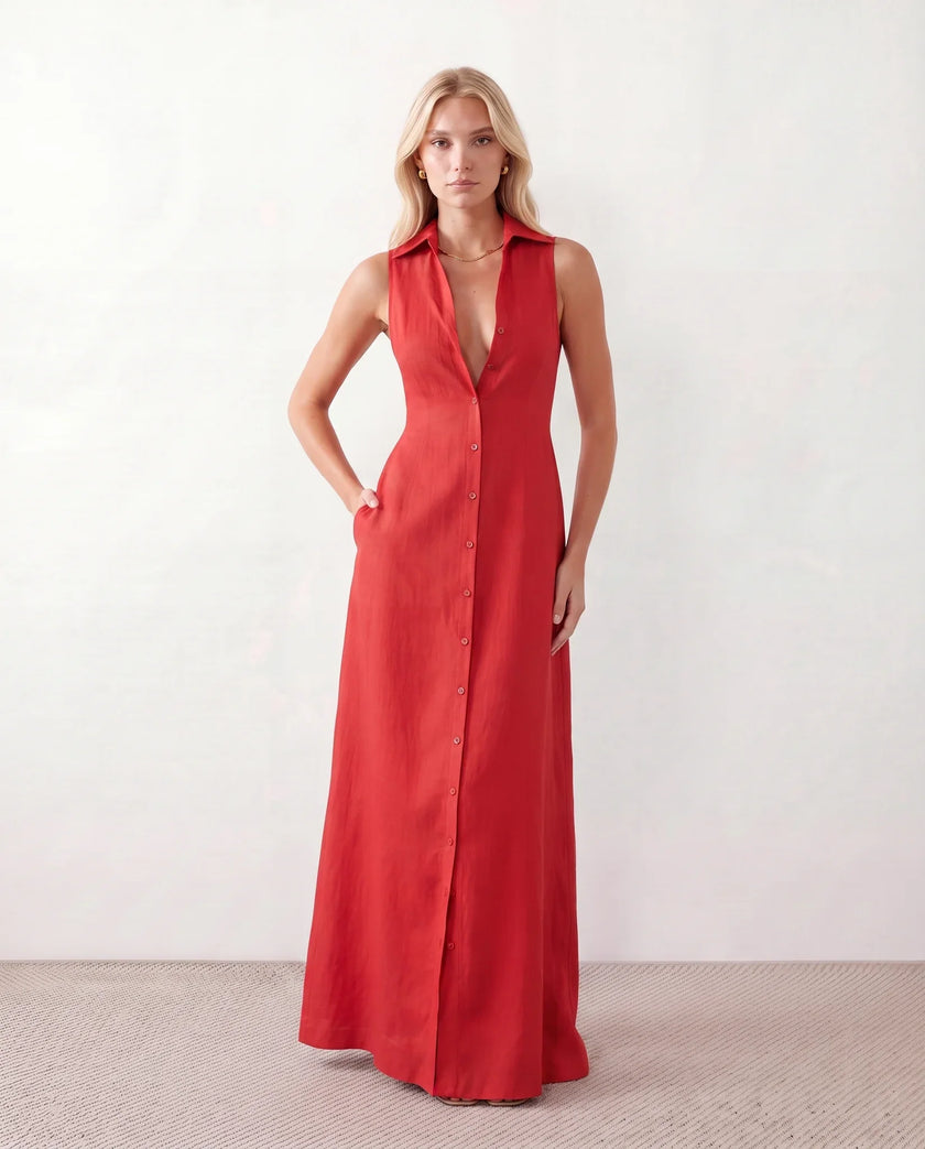 Button Front Maxi Dress Women Summer Sleeveless V-Neck