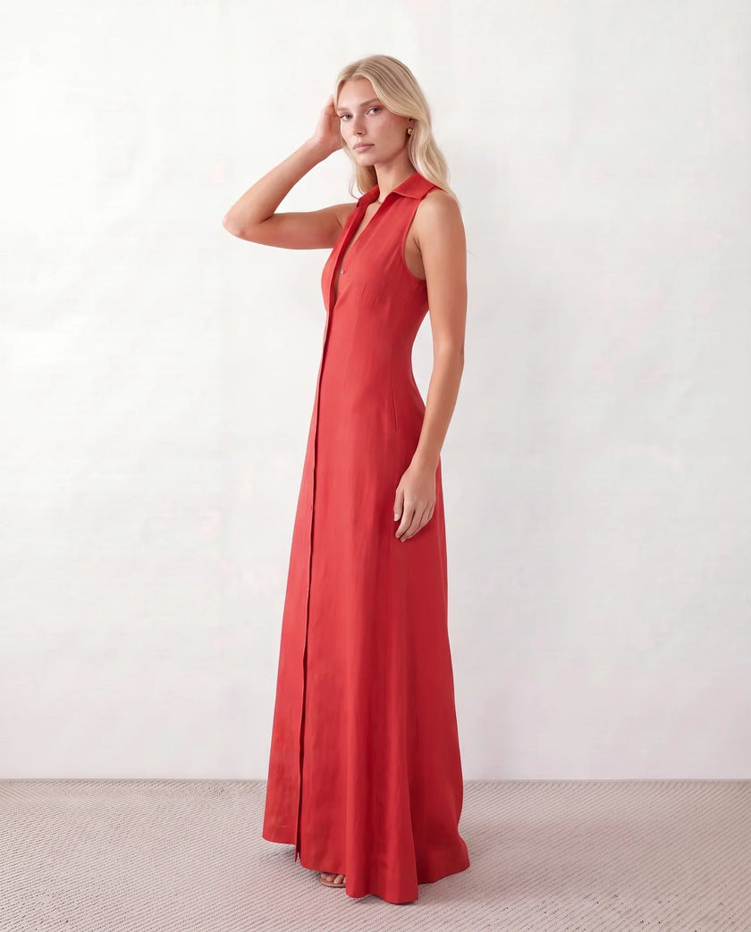 Button Front Maxi Dress Women Summer Sleeveless V-Neck