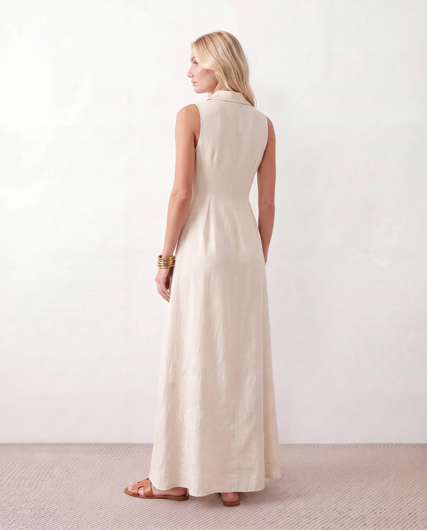 Button Front Maxi Dress Women Summer Sleeveless V-Neck