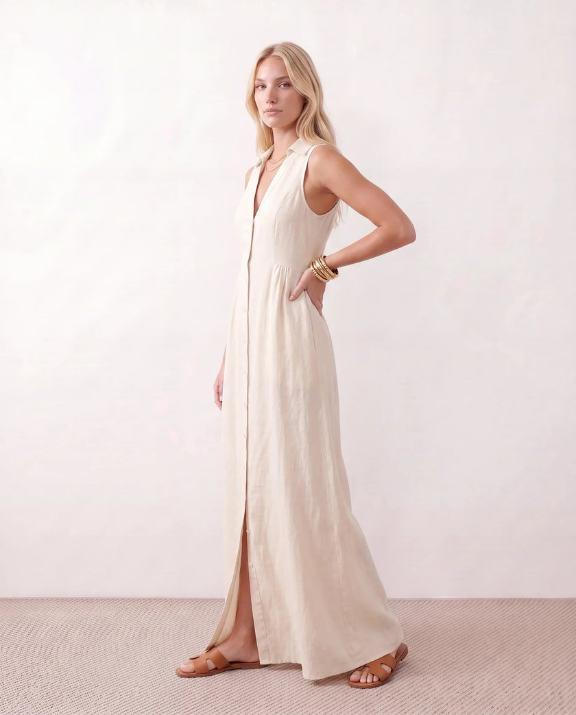 Button Front Maxi Dress Women Summer Sleeveless V-Neck