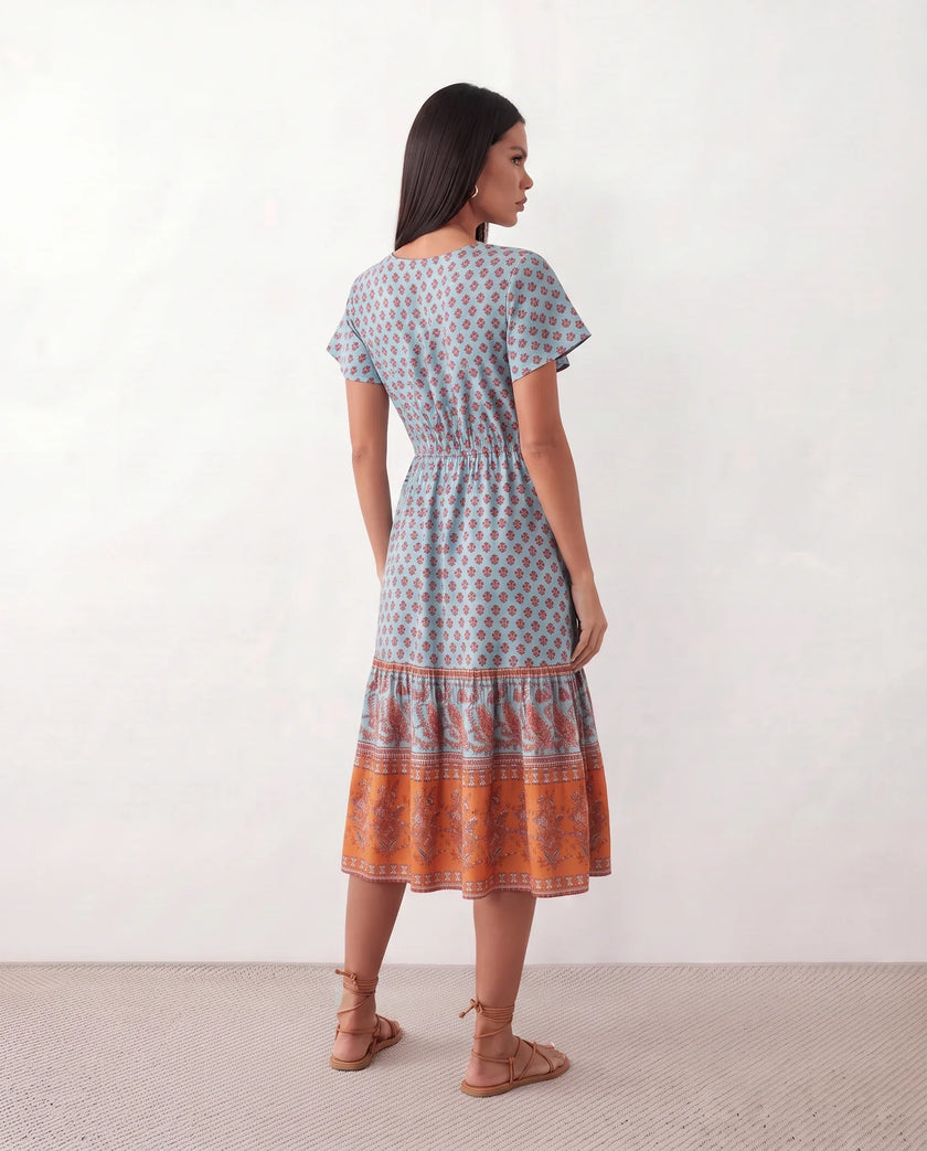 Floral A-Line Midi Dress Women V-Neck Short Sleeve Button-Front