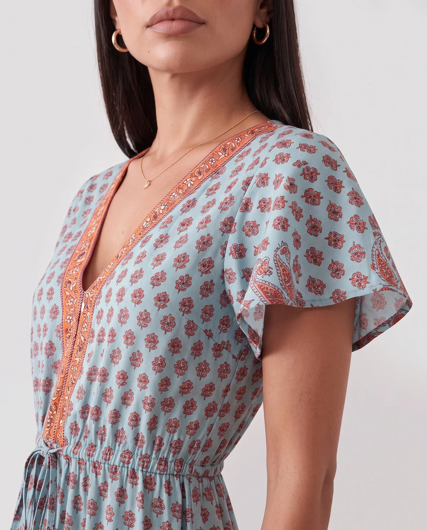 Floral A-Line Midi Dress Women V-Neck Short Sleeve Button-Front