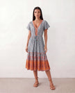 Floral A-Line Midi Dress Women V-Neck Short Sleeve Button-Front