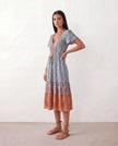 Floral A-Line Midi Dress Women V-Neck Short Sleeve Button-Front
